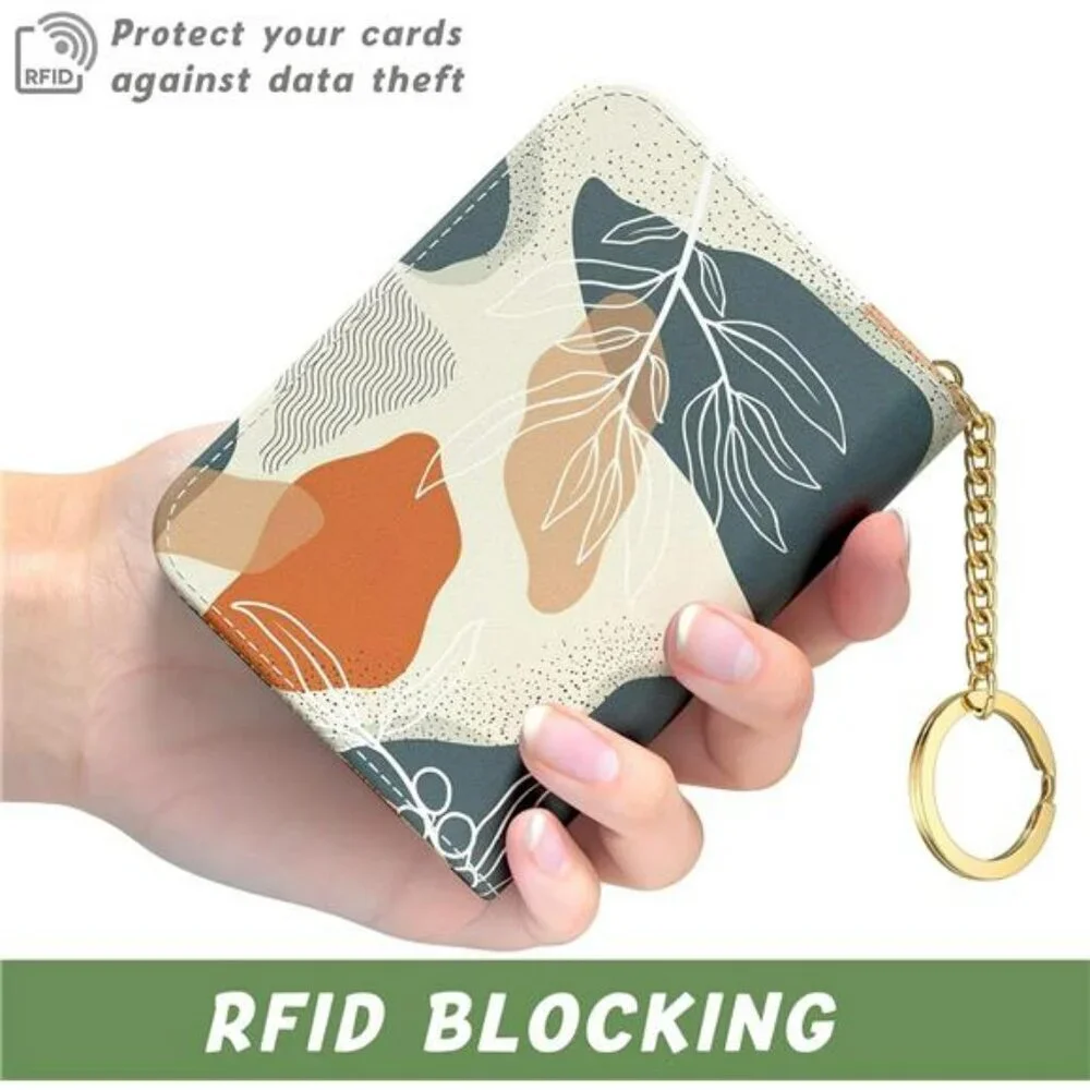 RFID leather credit card holder wallet slim boho leaves zipper small purse